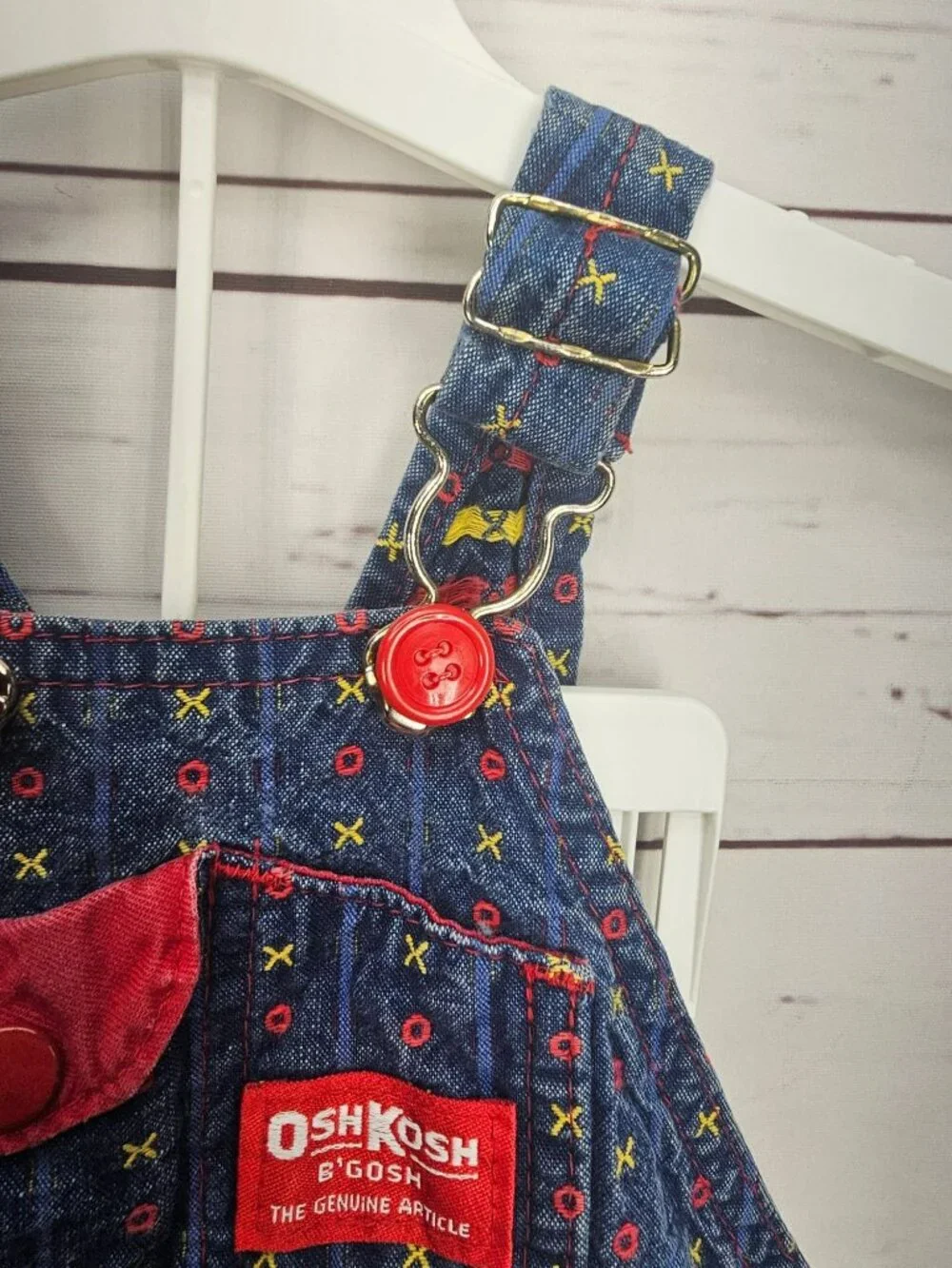 OshKosh Bgosh Infant Girls XO Tic Tack Toe Denim Overalls 6/9M Red USA Made‎